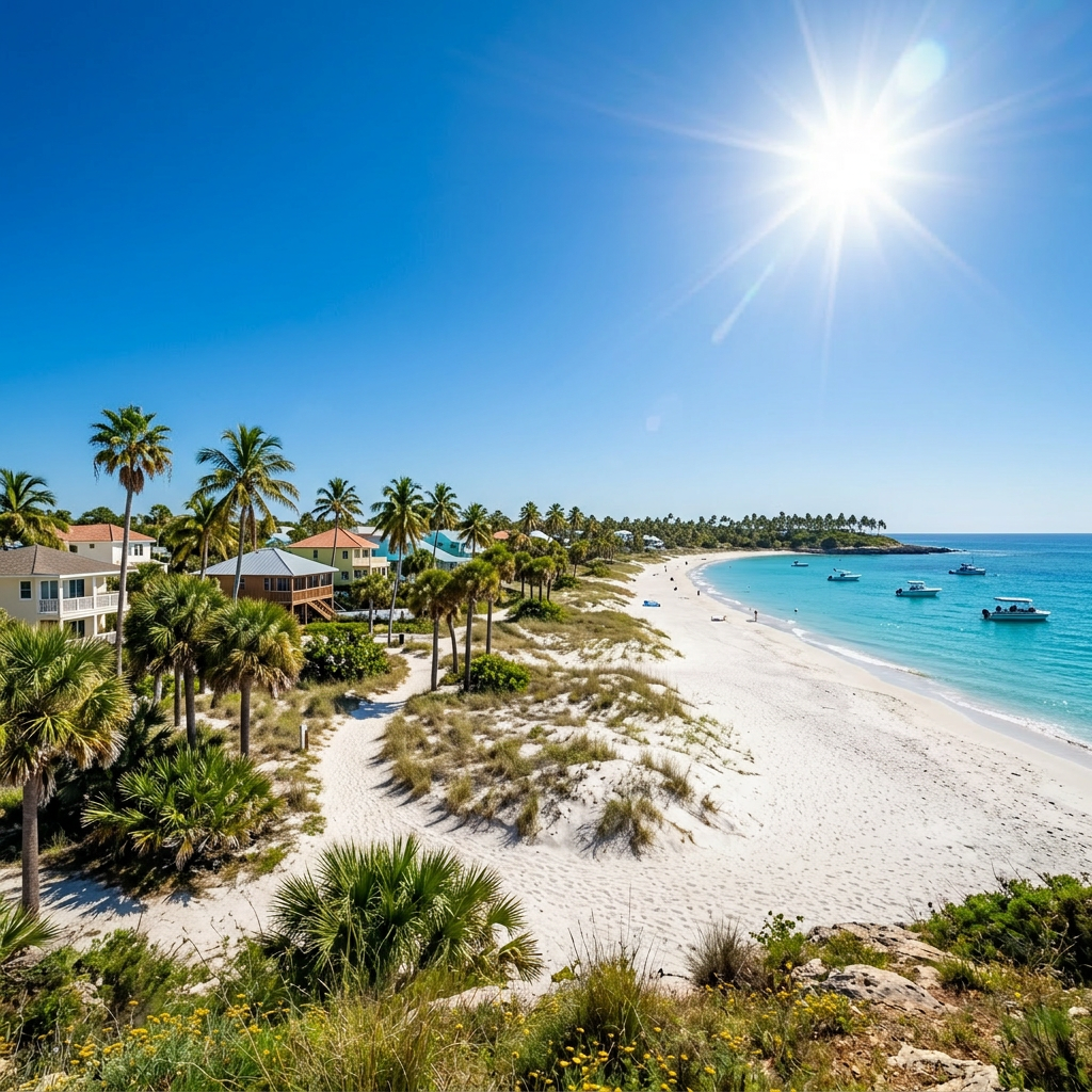 Sandy beach with homes, palm trees, and boats on turquoise water under clear blue sky